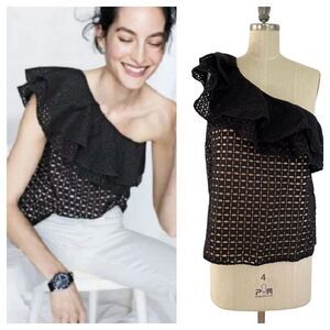J. Crew Womens One Shoulder Top in Black Eyelet Ruffle G3395 Size 4‎